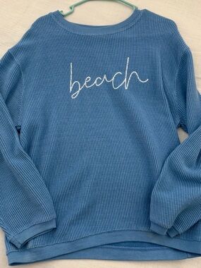 Pink Lily Blue Ribbed 'Beach' Crewneck Sweater